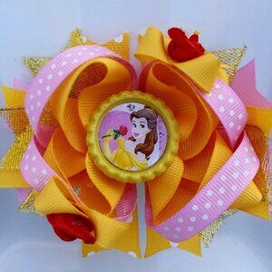 Belle Disney Princess Yellow Pink Red Bottle Cap Hair Bow 5"